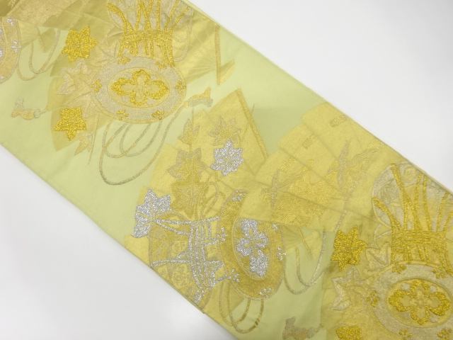 JAPANESE KIMONO / ANTIQUE FUKURO OBI / WOVEN FAN & HAND DRUM PATTERN